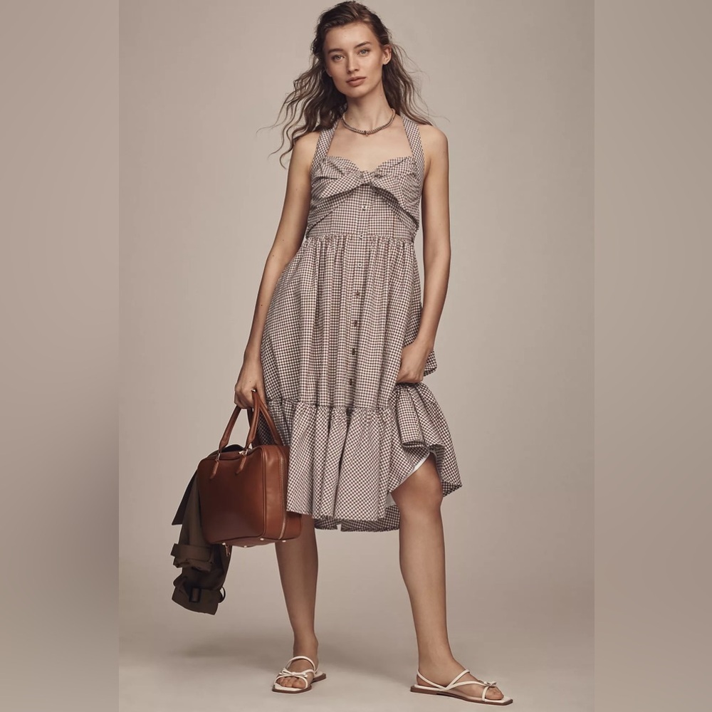 NWT Anthropologie Maeve Halter Bow-Front Gingham Midi Dress Size S
